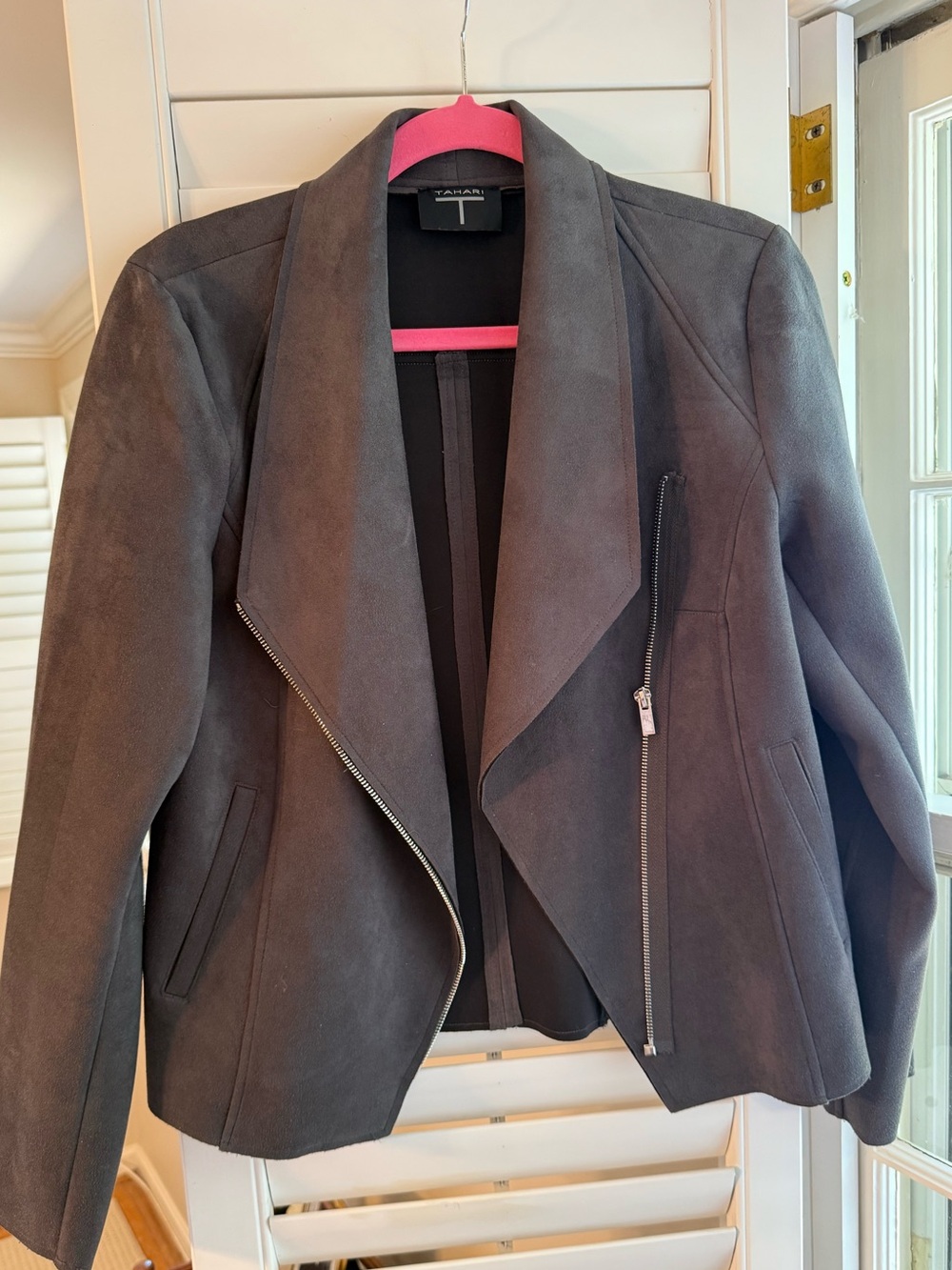 T Tahari Dark Gray Draped Faux Suede Moto Jacket